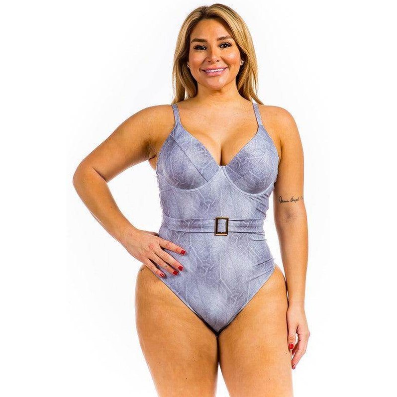 Swimwear - One Piece Buckle Belt Embellish Denim Swimsuit - VacationGrabs
