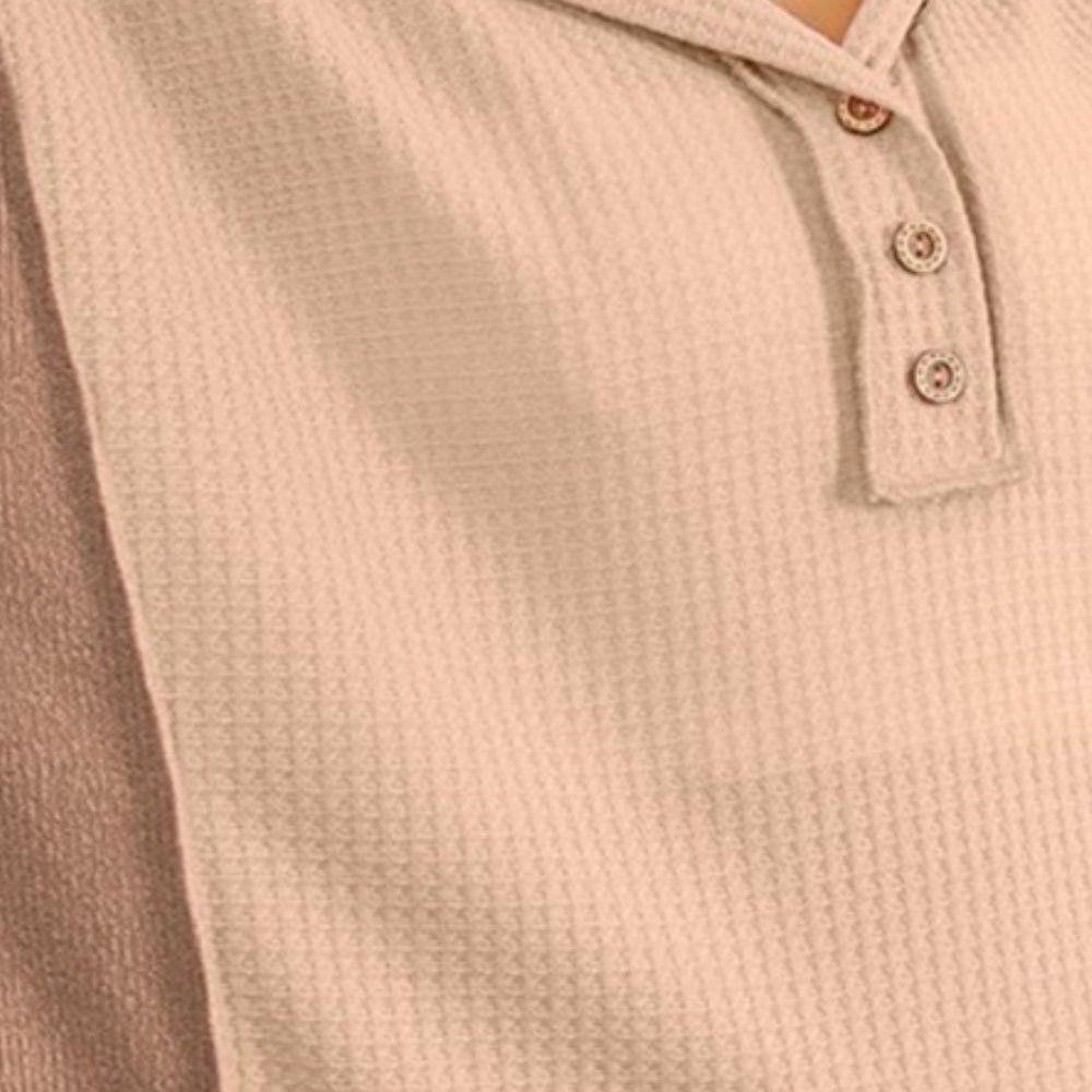 Women's Shirts BiBi Half Button Exposed Seam Contrast Waffle Top