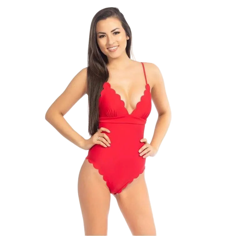 Red Scallop One Piece Swimsuit - VacationGrabs