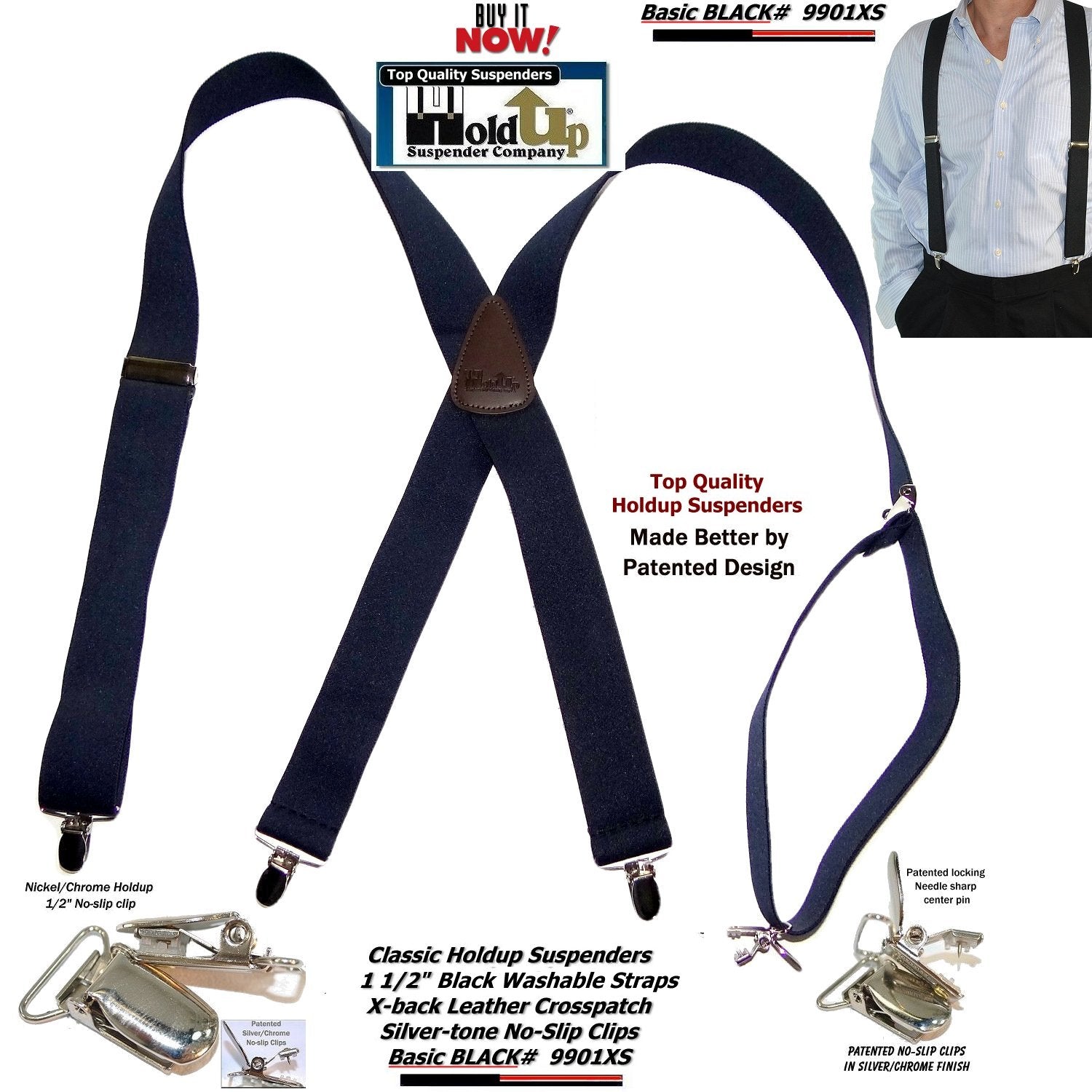 Holdup Suspender Brand 1 1/2" Wide Classic X-back Black Suspenders with no-slip USA Patented clips