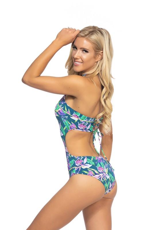 Women's Swimwear - 1PC Teal Floral High Neck One Piece