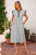 Stripe Contrast V-Neck Flutter Sleeve Midi Dress