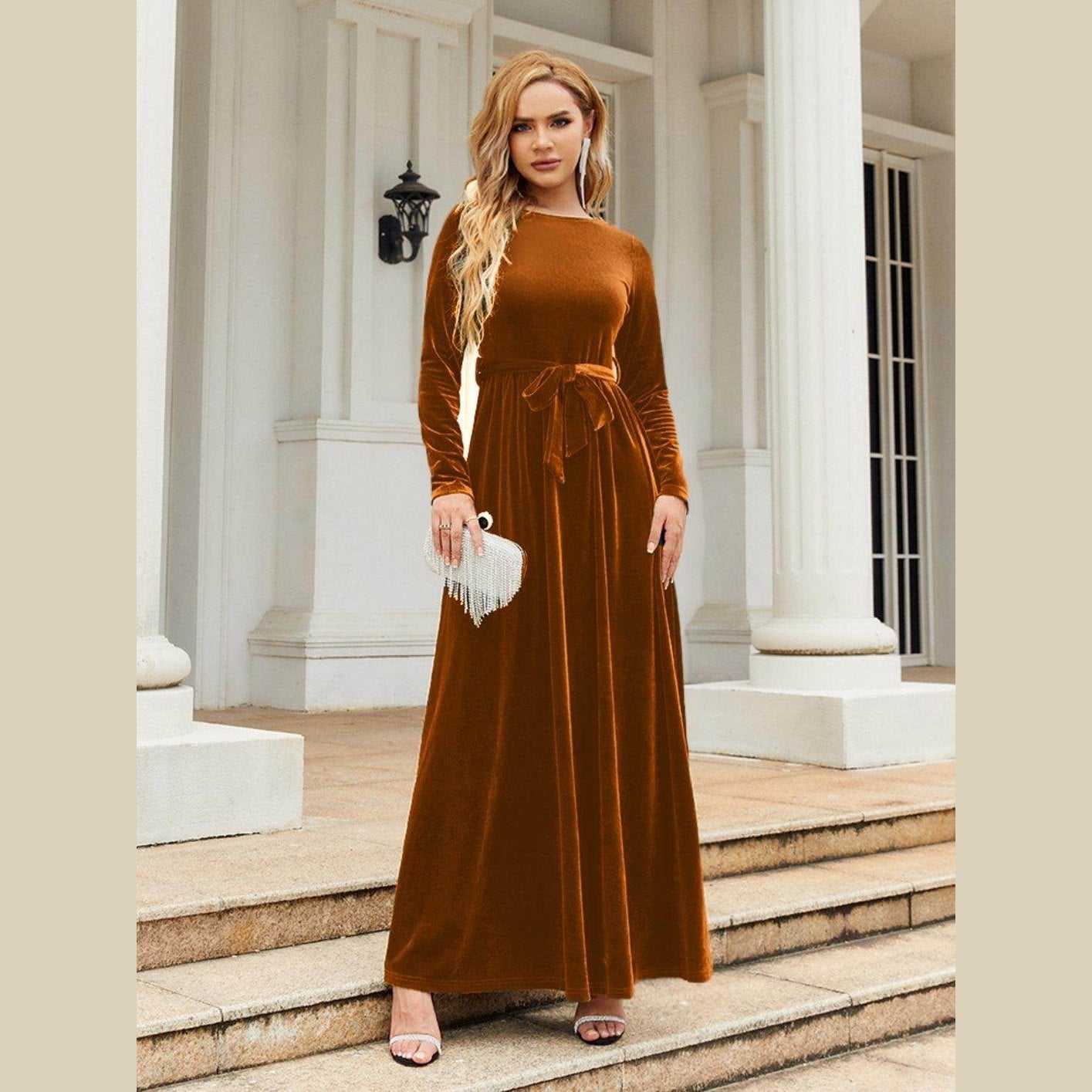 Tie Front Round Neck Long Sleeve Maxi Dress - VacationGrabs