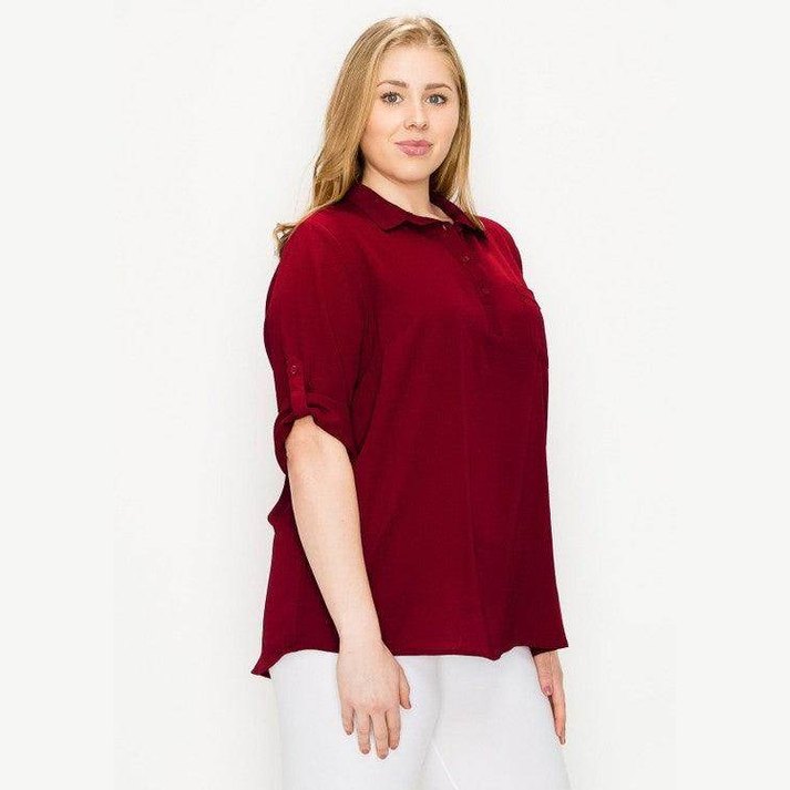 Plus Size Koshibo Roll Up Sleeve Top - VacationGrabs