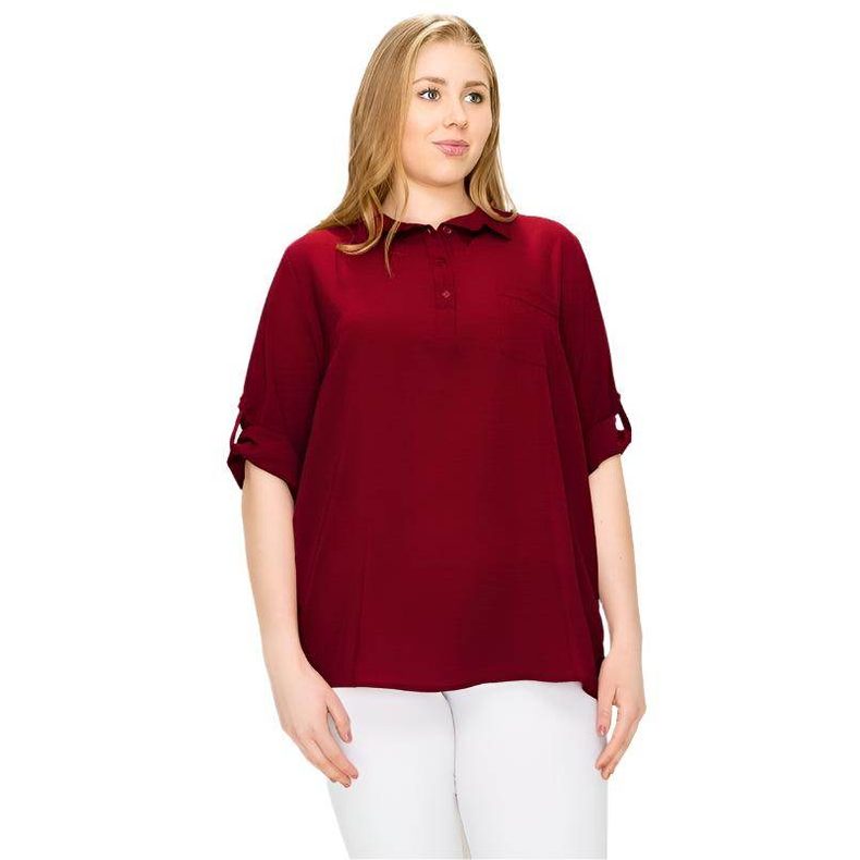 Plus Size Koshibo Roll Up Sleeve Top - VacationGrabs