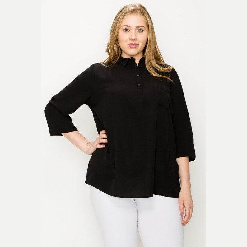 Plus Size Koshibo Roll Up Sleeve Top - VacationGrabs