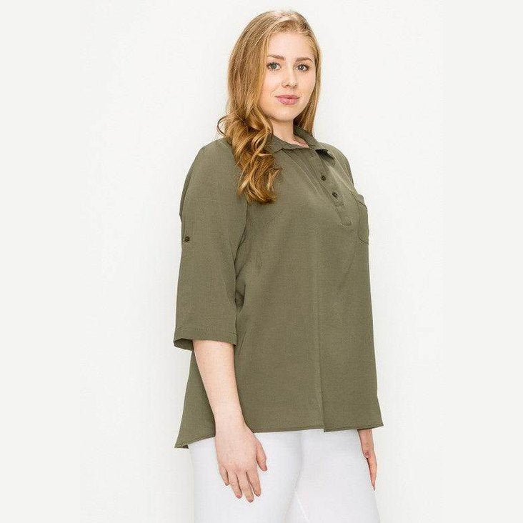 Plus Size Koshibo Roll Up Sleeve Top - VacationGrabs