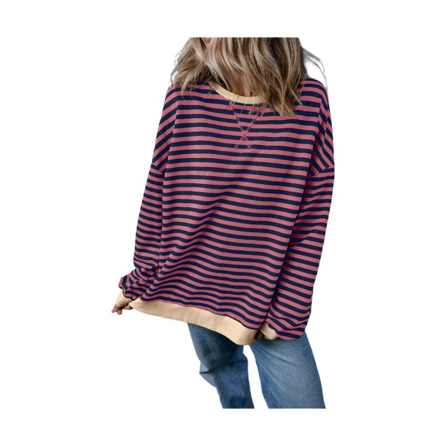 Red Stripe Oversized Contrast Trim Pullover Sweatshirt - VacationGrabs