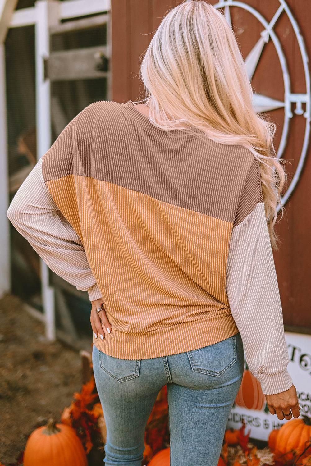 Khaki Color Block Long Sleeve Ribbed Loose Top - VacationGrabs
