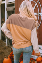 Khaki Color Block Long Sleeve Ribbed Loose Top - VacationGrabs
