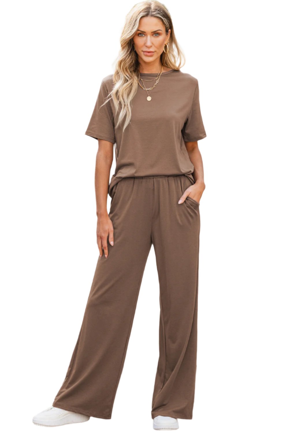 Women's Outfits & SetsSmoke Gray Solid Color T Shirt 2pcs Wide Leg Pants Set - VacationGrabs