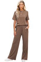 Women's Outfits & SetsSmoke Gray Solid Color T Shirt 2pcs Wide Leg Pants Set - VacationGrabs