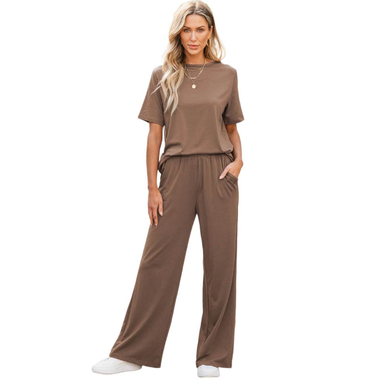 Smoke Gray Solid Color T Shirt 2pcs Wide Leg Pants Set - VacationGrabs
