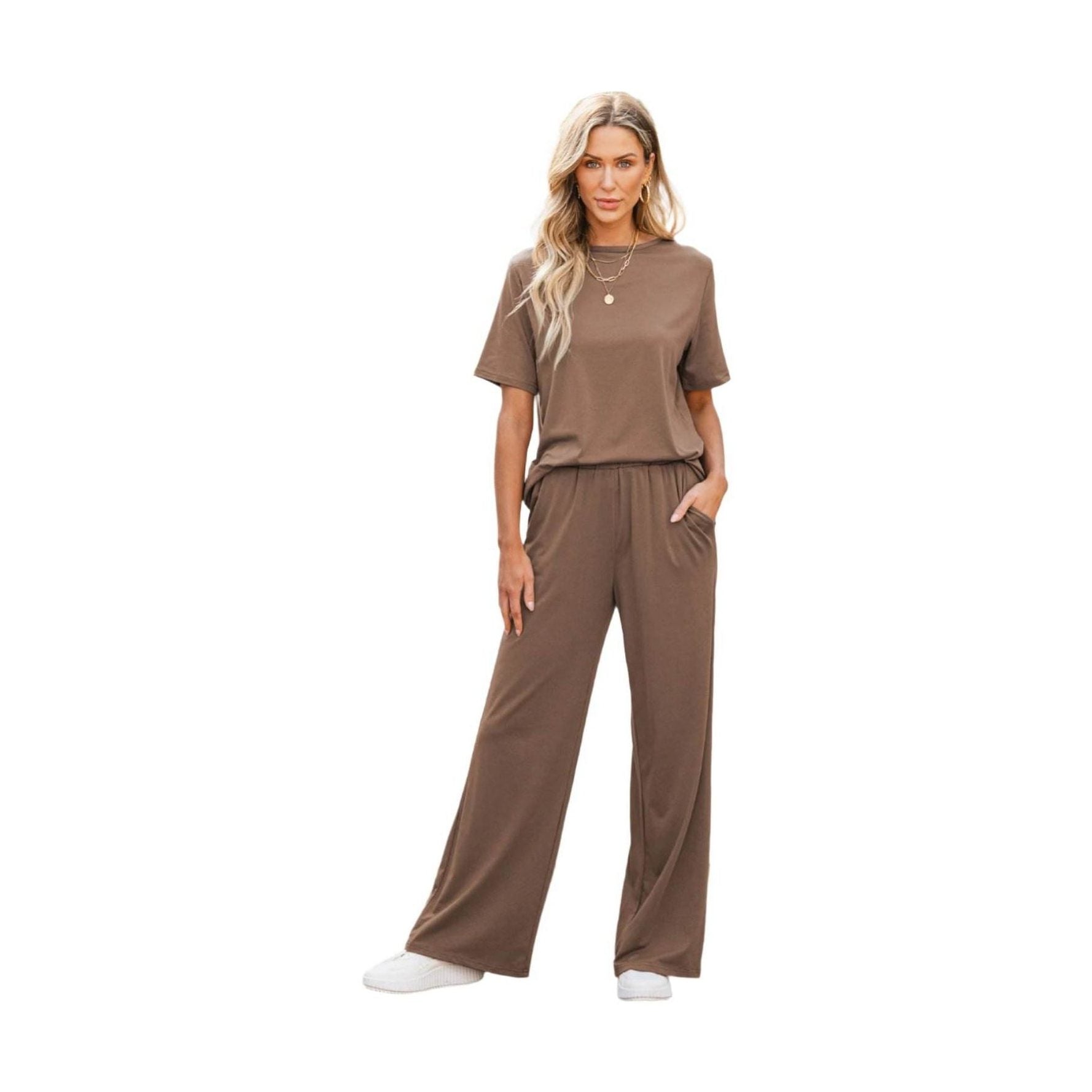 Smoke Gray Solid Color T Shirt 2pcs Wide Leg Pants Set - VacationGrabs