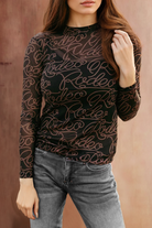 Women's ShirtsBlack Western Rodeo Printed Mock Neck Long Sleeve Mesh Top - VacationGrabs