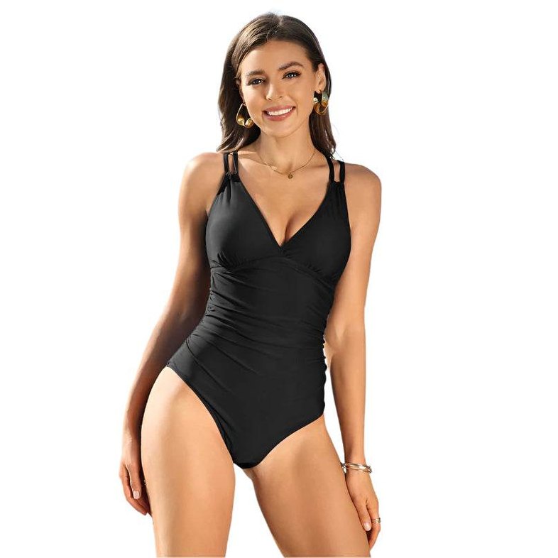 Ruched Bathing Suits Strappy V Neck Monokini - VacationGrabs