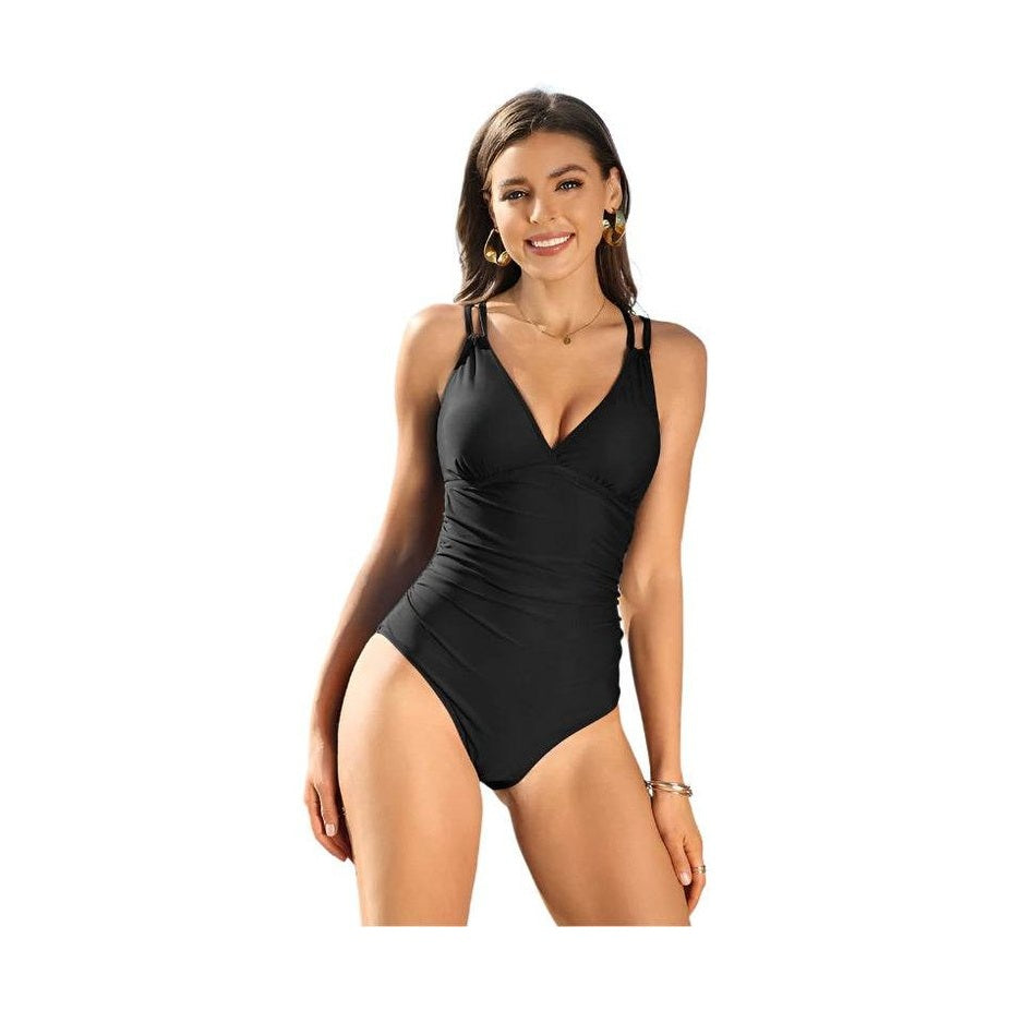 Ruched Bathing Suits Strappy V Neck Monokini - VacationGrabs