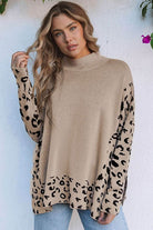 Khaki Leopard High Neck Side Slit Oversized Sweater - VacationGrabs