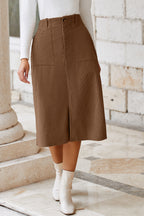 Solid High Waist Front-Slit Midi Skirt