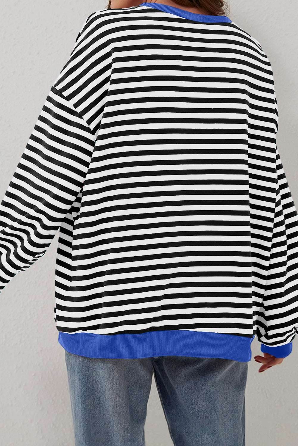 Black Stripe Oversized Contrast Trim Pullover Sweatshirt - VacationGrabs
