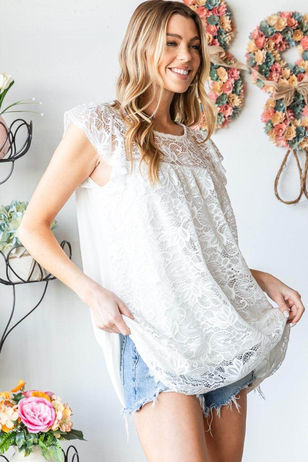 Heimish Full Size Round Neck Cap Sleeve Lace Top - VacationGrabs
