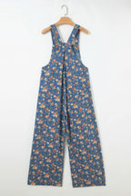 Floral Denim Pleated Wide Leg Jumpsuit