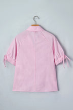 Stripe Tied Short Sleeve Collared Blouse