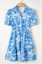 Floral Half-Button Front Collared Ruffle Mini Dress