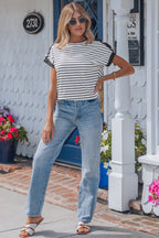 Stripe Buttoned Shoulder Cuffed Short Sleeve Tee
