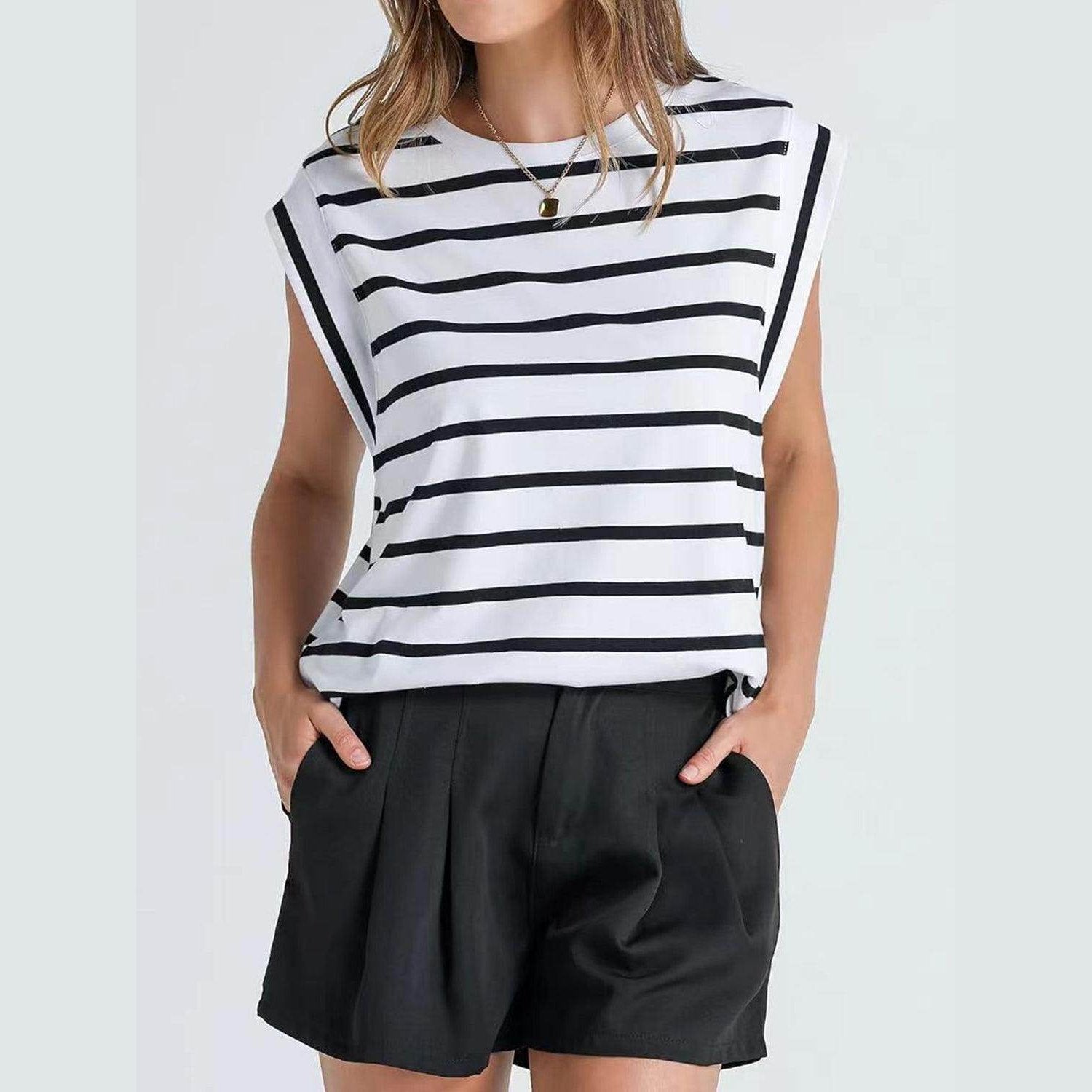 Striped Round Neck Cap Sleeve T-Shirt - VacationGrabs