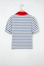 Stripe Colorblock Puff Sleeve Polo Collar Blouse