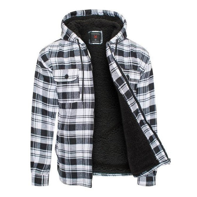 Men's Flannel Sherpa Lined Jacket with Hood - VacationGrabs