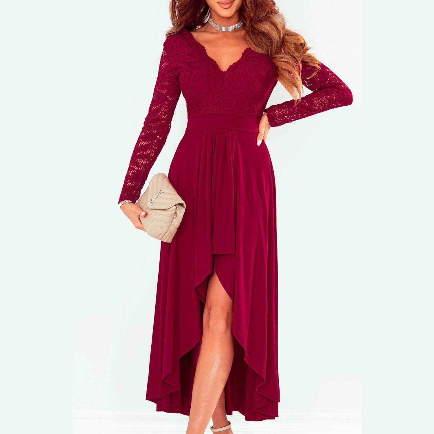 Lace High-Low V-Neck Dress - VacationGrabs