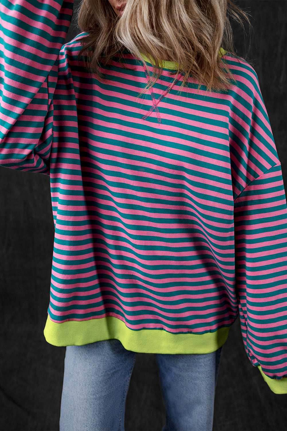 Green Stripe Oversized Contrast Trim Pullover Sweatshirt - VacationGrabs