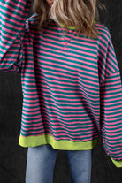Green Stripe Oversized Contrast Trim Pullover Sweatshirt - VacationGrabs