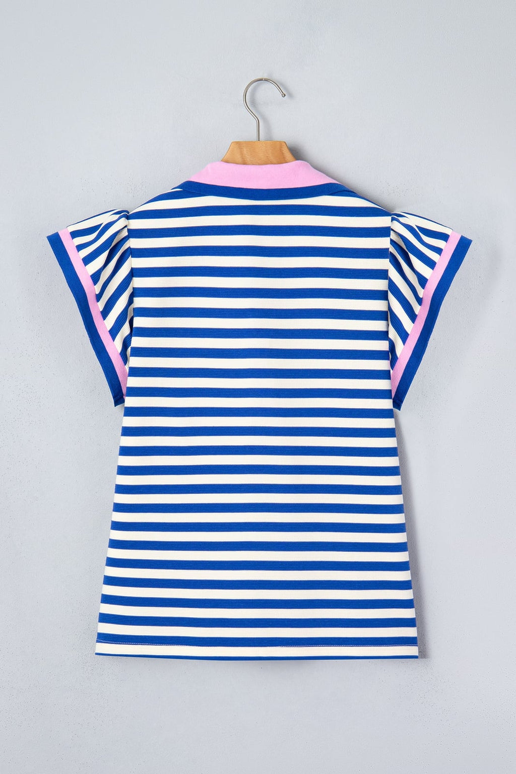 Stripe Contrast Trim Polo Collar Ruffle Sleeve Blouse