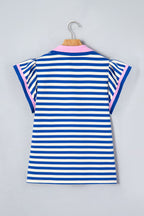 Stripe Contrast Trim Polo Collar Ruffle Sleeve Blouse