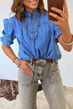 Stripe Ruffle Puff Sleeve Button Front Blouse