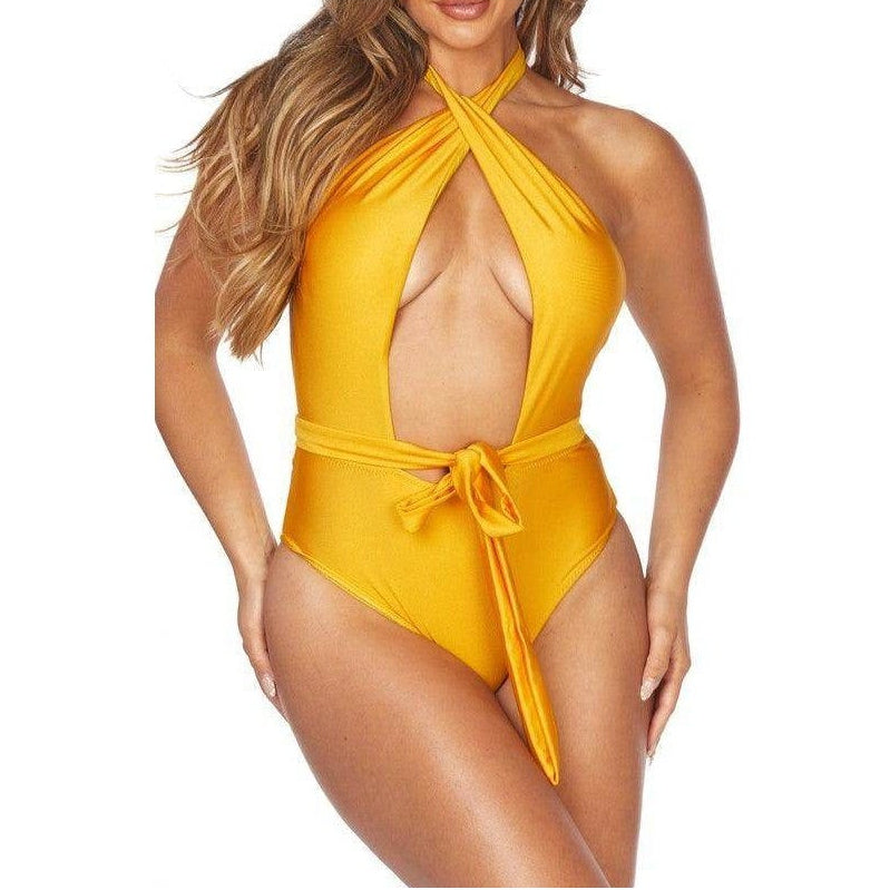 Swimwear - One Piece Criscross Halter Neckline Waist Wrap - VacationGrabs