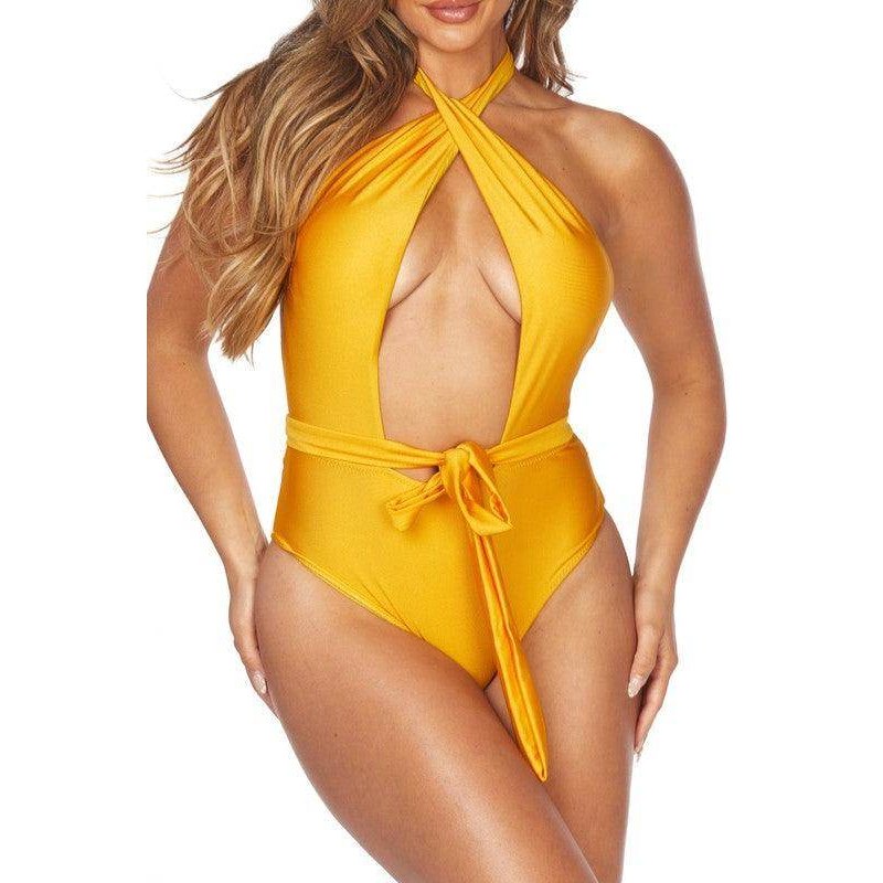 Swimwear - One Piece Criscross Halter Neckline Waist Wrap - VacationGrabs