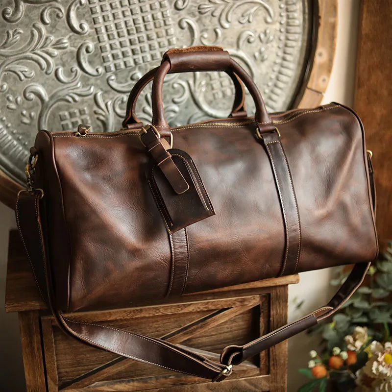 Men's Vintage Leather Duffle Bag with Shoe Compartment
