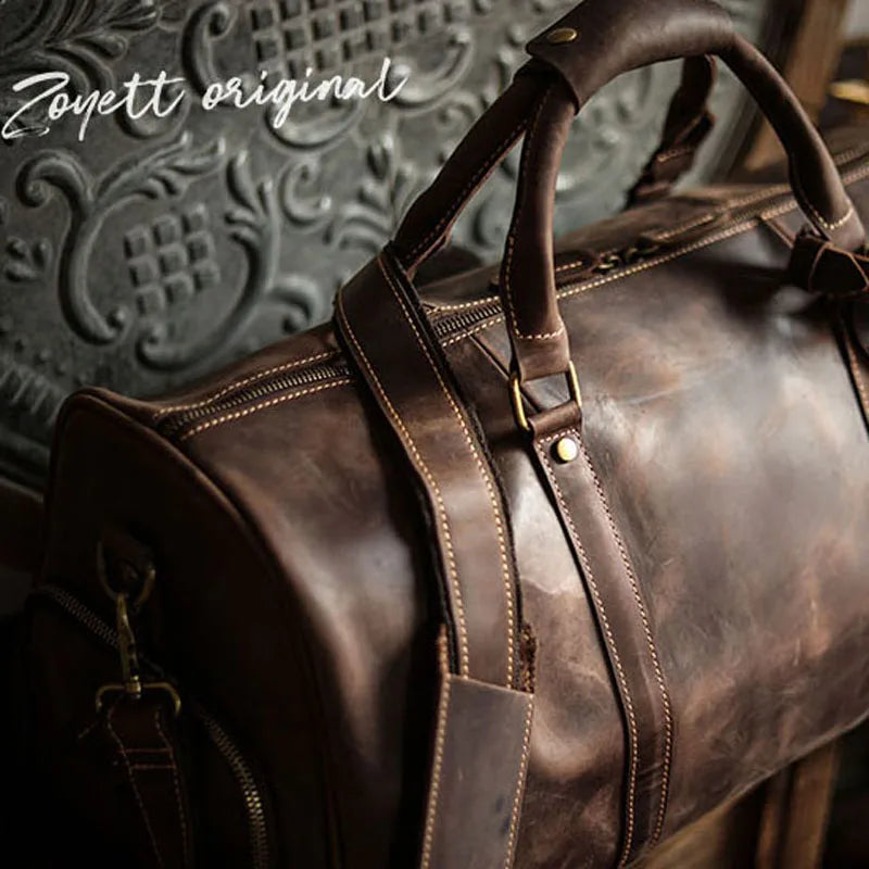 Men's Vintage Leather Duffle Bag with Shoe Compartment
