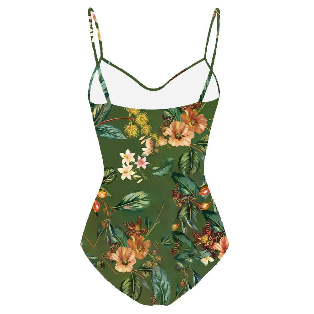 Women's Swimwear - 1PC Green Floral Swimwear Womens One Piece + Cover Up