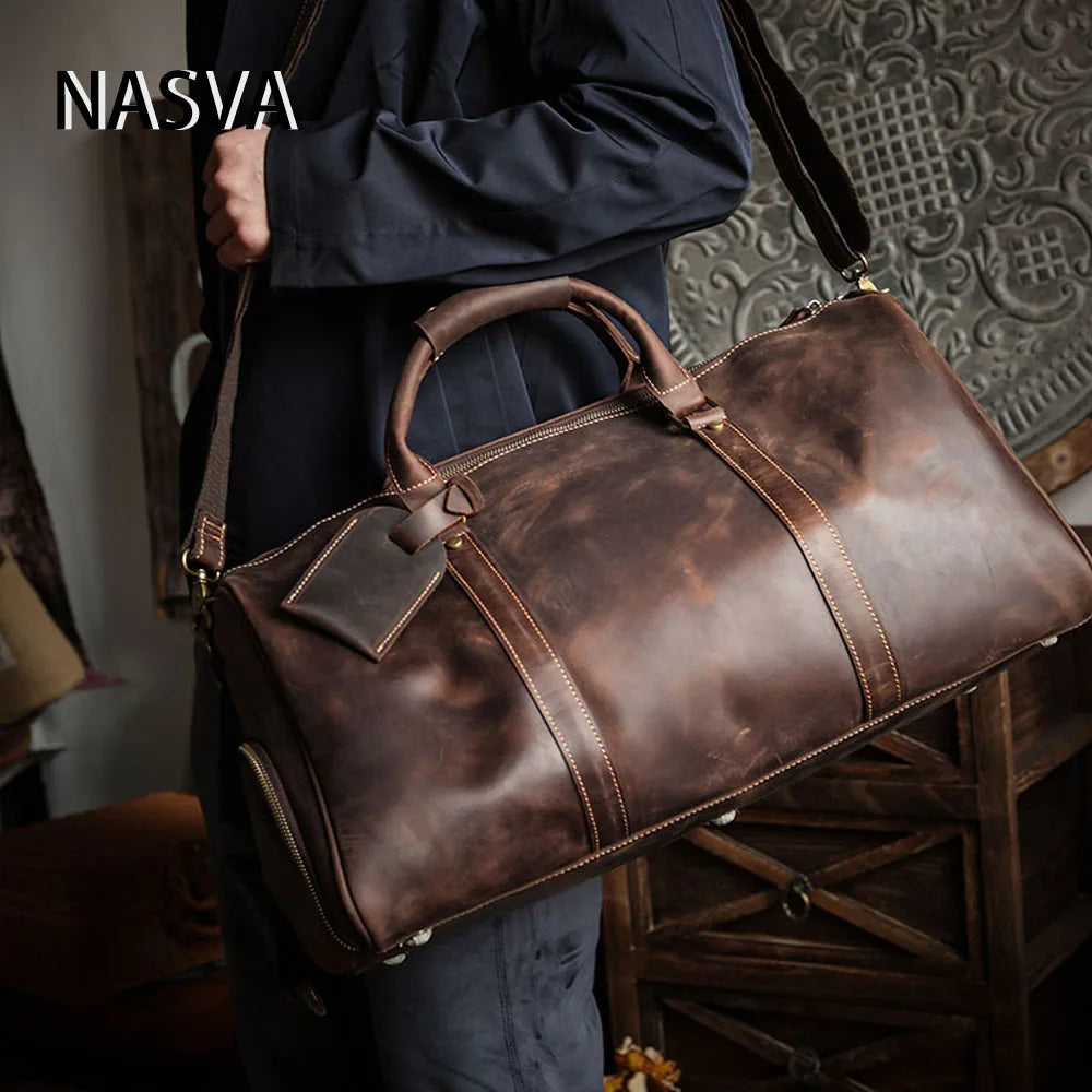 Men's Vintage Leather Duffle Bag with Shoe Compartment