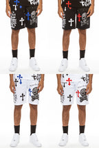 Bejewelled Chrome Skull Shorts with Elastic Waist