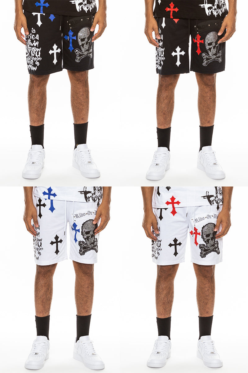 Bejewelled Chrome Skull Shorts with Elastic Waist