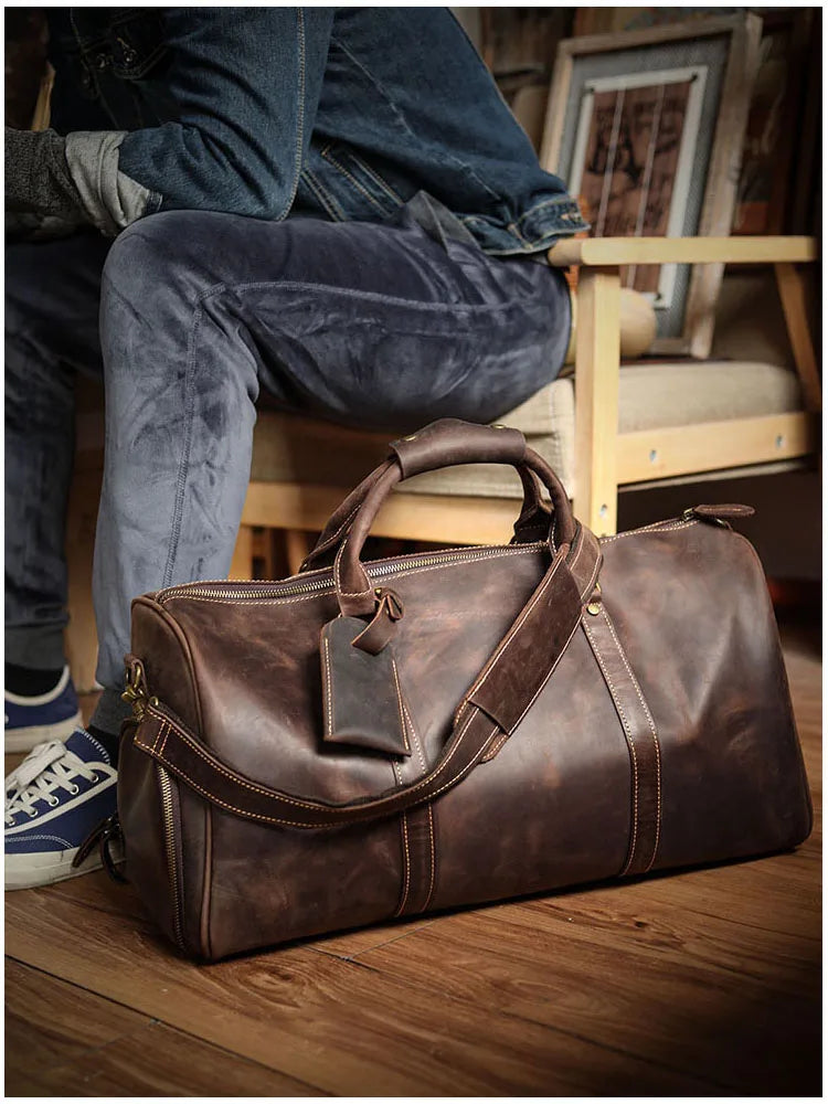 Men's Vintage Leather Duffle Bag with Shoe Compartment