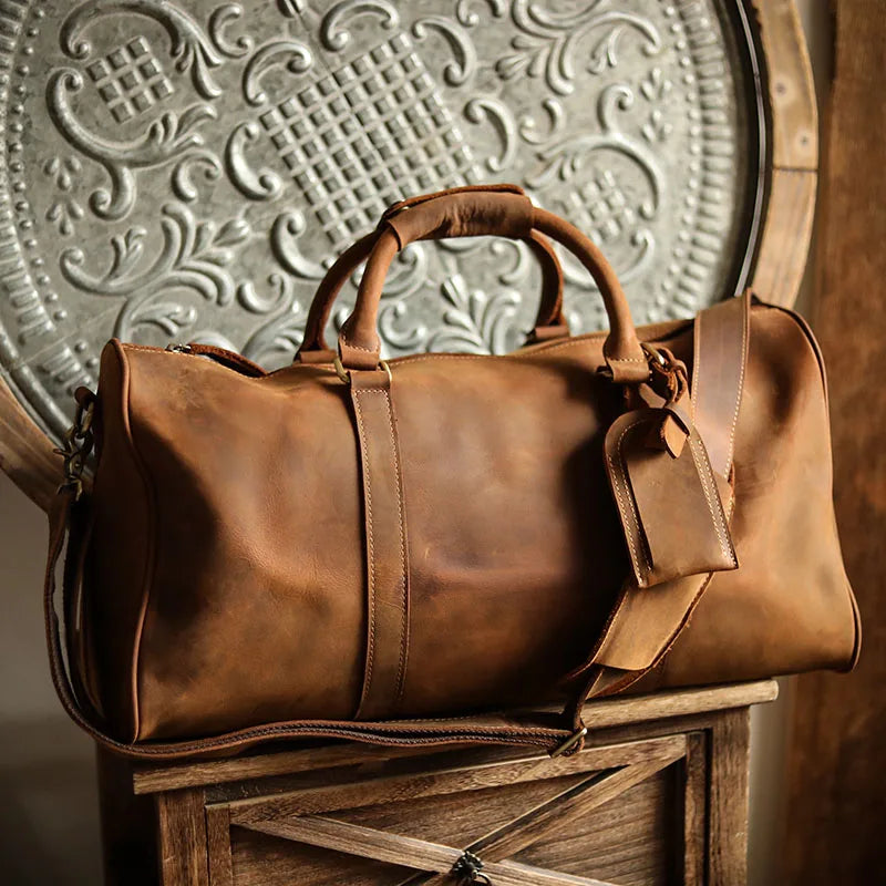 Men's Vintage Leather Duffle Bag with Shoe Compartment