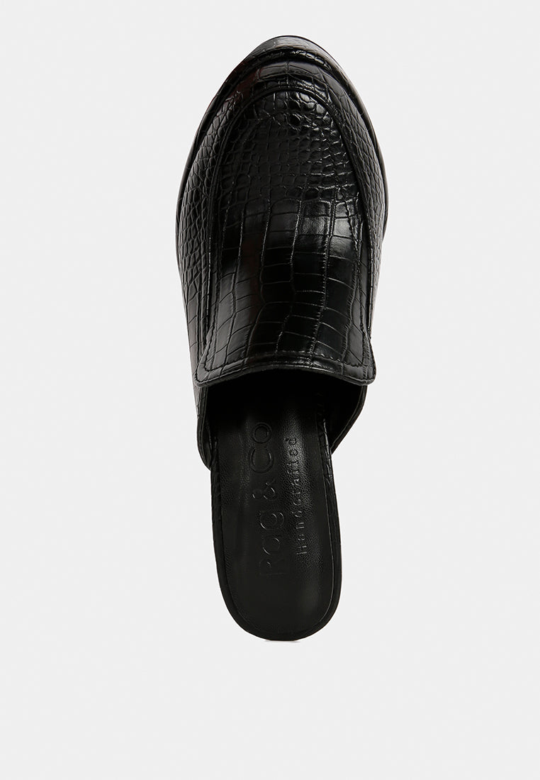 Bauhaus Croc Pattern Heeled Platform Mules