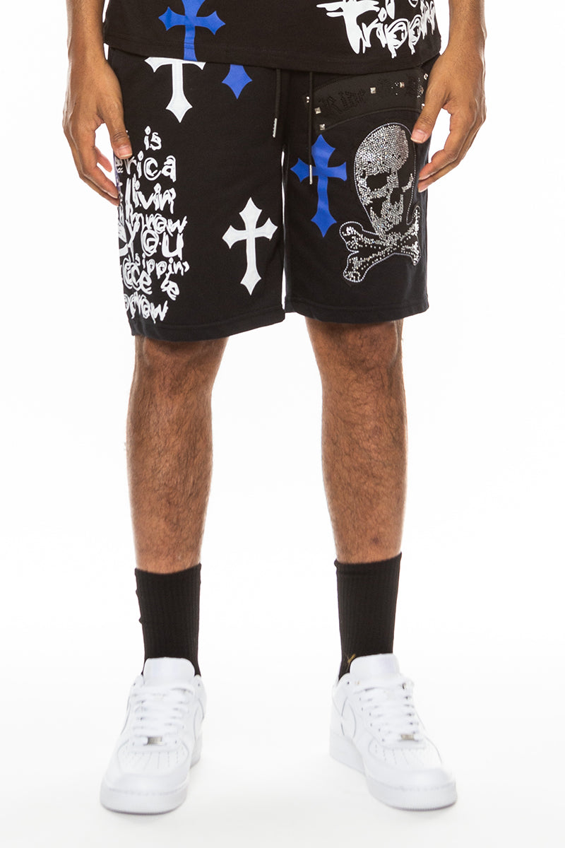 Bejewelled Chrome Skull Shorts with Elastic Waist